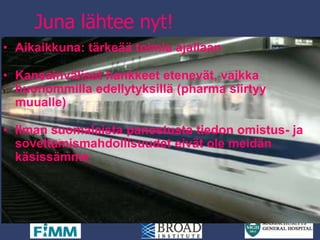 SISU-projekti
Sequencing Initiative Suomi
Kansallinen
Biopankki
Kansalliset
rekisterit
Genomisekvenssi
4% populaatiosta
Kansallinen
genomitiedosto
Viitetiedosto
200 000
kansalaista
 