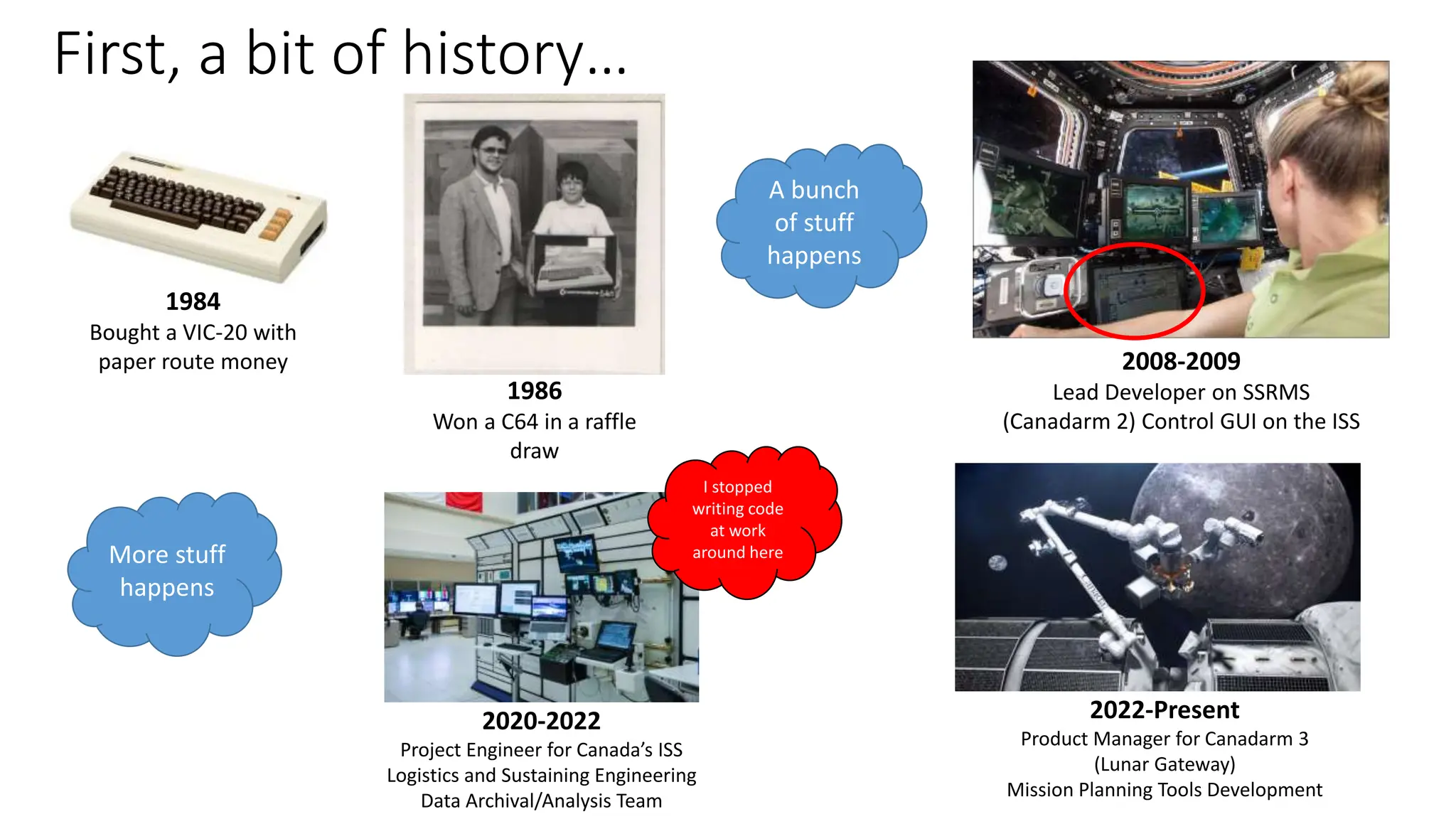 First, a bit of history…
1986
Won a C64 in a raffle
draw
1984
Bought a VIC-20 with
paper route money 2008-2009
Lead Developer on SSRMS
(Canadarm 2) Control GUI on the ISS
A bunch
of stuff
happens
More stuff
happens
2020-2022
Project Engineer for Canada’s ISS
Logistics and Sustaining Engineering
Data Archival/Analysis Team
2022-Present
Product Manager for Canadarm 3
(Lunar Gateway)
Mission Planning Tools Development
I stopped
writing code
at work
around here
 