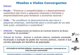 Missões e Visões Convergentes
Sebrae:
• Missão - “Promover a competitividade e o desenvolvimento
sustentável das micro e pequenas empresas e fomentar o
empreendedorismo para fortalecer a economia nacional.”
• Visão - “Ter excelência no desenvolvimento das micro e
pequenas empresas, contribuindo para a construção de um país
mais justo, competitivo e sustentável.”
• ATRICON – “fortalecimento do Sistema de Controle Externo do Brasil,
em benefício da sociedade.”
• Tribunal de Contas - Exercer o controle externo, mediante orientação,
fiscalização e avaliação da gestão dos recursos públicos, visando a sua
correta aplicação em benefício da população.
EFETIVAÇÃO DE POLÍTICAS PÚBLICAS = Benefícios para a população + Construção de um
Brasil mais justo e desenvolvido
 
