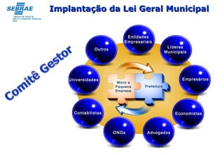 ONGsONGs
ContabilistasContabilistas
UniversidadesUniversidades
OutrosOutros LíderesLíderes
MunicipaisMunicipais
EmpresáriosEmpresários
EconomistasEconomistas
AdvogadosAdvogados
EntidadesEntidades
EmpresariaisEmpresariais
Micro e
Pequena
Empresa
Prefeitura
Implantação da Lei Geral MunicipalImplantação da Lei Geral Municipal
 