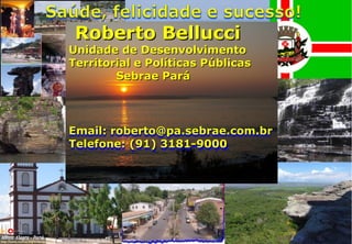 Email: roberto@pa.sebrae.com.brEmail: roberto@pa.sebrae.com.br
Telefone: (91) 3181-9000Telefone: (91) 3181-9000
Roberto BellucciRoberto Bellucci
Unidade de DesenvolvimentoUnidade de Desenvolvimento
Territorial e Políticas PúblicasTerritorial e Políticas Públicas
Sebrae ParáSebrae Pará
 
