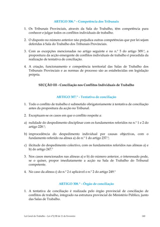 ARTIGO 306.º - Competência dos Tribunais

1. Os Tribunais Provinciais, através da Sala do Trabalho, têm competência para
   conhecer e julgar todos os conflitos individuais de trabalho.

2. O disposto no número anterior não prejudica outras competências que por lei sejam
   deferidas à Sala do Trabalho dos Tribunais Provinciais.

3. Com as excepções mencionadas no artigo seguinte e no n.º 5 do artigo 309.º, a
   propositura da acção emergente de conflitos individuais de trabalho é precedida da
   realização de tentativa de conciliação.

4. A criação, funcionamento e competência territorial das Salas de Trabalho dos
   Tribunais Provinciais e as normas de processo são as estabelecidas em legislação
   própria.


              SECÇÃO III - Conciliação nos Conflitos Individuais de Trabalho


                                 ARTIGO 307.º - Tentativa de conciliação

1. Todo o conflito de trabalho é submetido obrigatoriamente à tentativa de conciliação
   antes da propositura da acção no Tribunal.

2. Exceptuam-se os casos em que o conflito respeite a:

a) nulidade do despedimento disciplinar com os fundamentos referidos no n.º 1 e 2 do
   artigo 228.º;

b) improcedência do despedimento individual por causas objectivas, com o
   fundamento referido na alínea a) do n.º 1 do artigo 237.º;

c) ilicitude do despedimento colectivo, com os fundamentos referidos nas alíneas a) e
   b) do artigo 247.º

3. Nos casos mencionados nas alíneas a) e b) do número anterior, o interessado pode,
   se o quiser, propor imediatamente a acção na Sala de Trabalho do Tribunal
   competente.

4. No caso da alínea c) do n.º 2 é aplicável o n.º 2 do artigo 249.º


                                   ARTIGO 308.º - Órgão de conciliação

1. A tentativa de conciliação é realizada pelo órgão provincial de conciliação de
   conflitos de trabalho, integrado na estrutura provincial do Ministério Público, junto
   das Salas de Trabalho.




Lei Geral do Trabalho – Lei n°2/00 de 11 de Fevereiro                              140
 