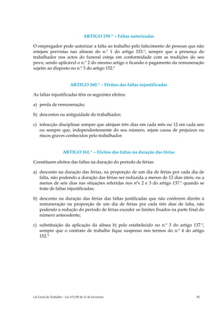 ARTIGO 159.º – Faltas autorizadas

O empregador pode autorizar a falta ao trabalho pelo falecimento de pessoas que não
estejam previstas nas alíneas do n.º 1 do artigo 153.º, sempre que a presença do
trabalhador nos actos do funeral esteja em conformidade com as tradições do seu
povo, sendo aplicável o n.º 2 do mesmo artigo e ficando o pagamento da remuneração
sujeito ao disposto no n.º 3 do artigo 152.º


                           ARTIGO 160.º – Efeitos das faltas injustificadas

As faltas injustificadas têm os seguintes efeitos:

a) perda de remuneração;

b) descontos na antiguidade do trabalhador;

c) infracção disciplinar sempre que atinjam três dias em cada mês ou 12 em cada ano
   ou sempre que, independentemente do seu número, sejam causa de prejuízos ou
   riscos graves conhecidos pelo trabalhador.


                      ARTIGO 161.º – Efeitos das faltas na duração das férias

Constituem efeitos das faltas na duração do período de férias:

a) desconto na duração das férias, na proporção de um dia de férias por cada dia de
   falta, não podendo a duração das férias ser reduzida a menos de 12 dias úteis, ou a
   menos de seis dias nas situações referidas nos nºs 2 e 3 do artigo 137.º quando se
   trate de faltas injustificadas;

b) desconto na duração das férias das faltas justificadas que não conferem direito à
   remuneração na proporção de um dia de férias por cada três dias de falta, não
   podendo a redução do período de férias exceder os limites fixados na parte final do
   número antecedente;

c) substituição da aplicação da alínea b) pelo estabelecido no n.º 3 do artigo 137.º,
   sempre que o contrato de trabalho fique suspenso nos termos do n.º 4 do artigo
   152.°




Lei Geral do Trabalho – Lei n°2/00 de 11 de Fevereiro                             82
 