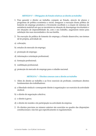 ARTIGO 5.º – Obrigações do Estado relativas ao direito ao trabalho

1. Para garantir o direito ao trabalho, compete ao Estado, através de planos e
   programas de política económica e social, assegurar a execução duma política de
   fomento do emprego produtivo e livremente escolhido e a criação de sistemas de
   assistência material aos que se encontrem na situação de desemprego involuntário e
   em situações de impossibilidade de, com o seu trabalho, angariarem meios para
   satisfação das suas necessidades e da sua família.

2. Na execução da política de fomento do emprego, o Estado desenvolve, nos termos
   de lei própria, actividade de:

a) colocação;

b) estudos do mercado de emprego;

c) promoção de emprego;

d) informação e orientação profissional;

e) formação profissional;

f) reabilitação profissional;

g) protecção do mercado de emprego para o cidadão nacional.


                     ARTIGO 6.º – Direitos conexos com o direito ao trabalho

1. Além do direito ao trabalho e ao livre exercício da profissão, constituem direitos
   fundamentais dos trabalhadores:

a) a liberdade sindical e consequente direito à organização e ao exercício da actividade
   sindical;

b) o direito de negociação colectiva;

c) o direito à greve;

d) o direito de reunião e de participação na actividade da empresa.

2. Os direitos previstos no número anterior são exercidos no quadro das disposições
   constitucionais e das leis que especificamente os regulamentam.




Lei Geral do Trabalho – Lei n°2/00 de 11 de Fevereiro                               14
 