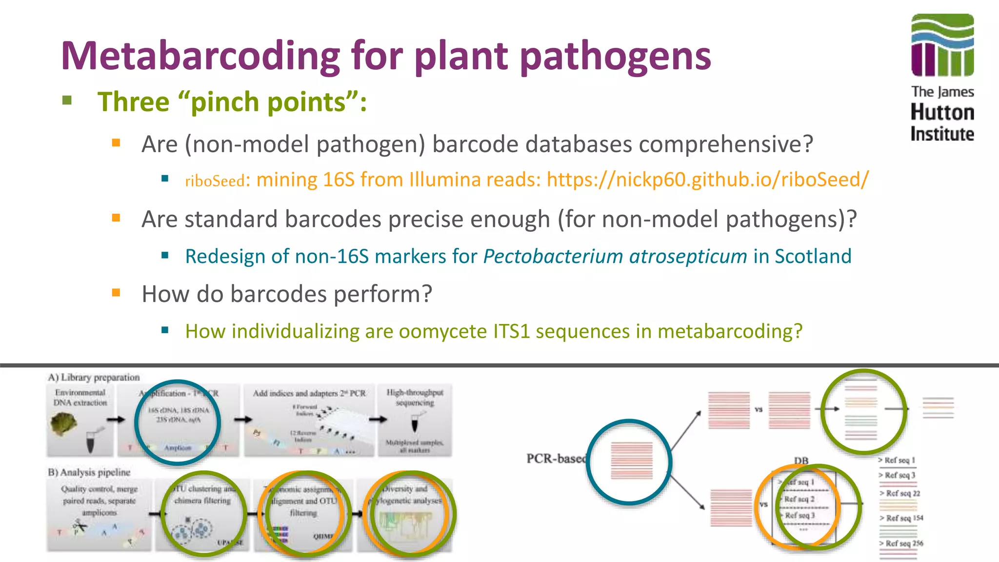 Metabarcoding for plant pathogens
 Three “pinch points”:
 Are (non-model pathogen) barcode databases comprehensive?
 riboSeed: mining 16S from Illumina reads: https://nickp60.github.io/riboSeed/
 Are standard barcodes precise enough (for non-model pathogens)?
 Redesign of non-16S markers for Pectobacterium atrosepticum in Scotland
 How do barcodes perform?
 How individualizing are oomycete ITS1 sequences in metabarcoding?
 
