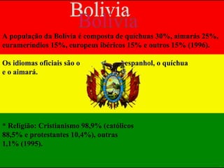 A população da Bolívia é composta de quíchuas 30%, aimarás 25%, eurameríndios 15%, europeus ibéricos 15% e outros 15% (1996). Os idiomas oficiais são o  espanhol, o quíchua  e o aimará.  * Religião: Cristianismo 98,9% (católicos  88,5% e protestantes 10,4%), outras  1,1% (1995). Bolivia 