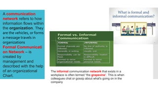 A communication
network refers to how
information flows within
the organization. They
are the vehicles, or forms
a message travels in
organizations
Formal Communicati
on Network – is
created by
management and
described with the help
of an organizational
Chart.
The informal communication network that exists in a
workplace is often termed “the grapevine”. This is when
colleagues chat or gossip about what's going on in the
company
 