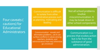 Four caveats (
cautions) for
Educational
Administrators
Communication is difficult
to isolate from other
administrative process such
as planning motivating and
leading
Not all school problems
involve
miscommunication. It
may be break down in
other school components
Communication reveals and
eliminates problems , yet It can
surface conflicts in values among
teachers, students, and
administrators that may otherwise
go unnoticed
u
Communication is a
process that evokes action
but is far from the
substance of good
administration.
 