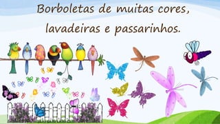 Borboletas de muitas cores,
lavadeiras e passarinhos.
 