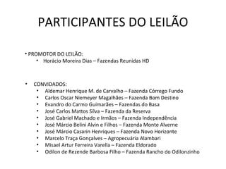 PARTICIPANTES DO LEILÃO PROMOTOR DO LEILÃO: Horácio Moreira Dias – Fazendas Reunidas HD CONVIDADOS: Aldemar Henrique M. de Carvalho – Fazenda Córrego Fundo Carlos Oscar Niemeyer Magalhães – Fazenda Bom Destino Evandro do Carmo Guimarães – Fazendas do Basa José Carlos Mattos Silva – Fazenda da Reserva José Gabriel Machado e Irmãos – Fazenda Independência José Márcio Belini Alvin e Filhos – Fazenda Monte Alverne José Márcio Casarin Henriques – Fazenda Novo Horizonte Marcelo Traça Gonçalves – Agropecuária Alambari Misael Artur Ferreira Varella – Fazenda Eldorado Odilon de Rezende Barbosa Filho – Fazenda Rancho do Odilonzinho 