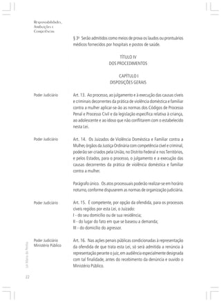Responsabilidades,
                     Atribuições e




                                          ○
                     Competências




                                          ○
                                          ○
                                              § 3o Serão admitidos como meios de prova os laudos ou prontuários




                                          ○
                                          ○
                                              médicos fornecidos por hospitais e postos de saúde.



                                          ○
                                          ○
                                          ○
                                                                         TÍTULO IV

                                          ○
                                          ○
                                                                    DOS PROCEDIMENTOS
                                          ○
                                          ○
                                          ○




                                                                         CAPÍTULO I
                                          ○
                                          ○




                                                                     DISPOSIÇÕES GERAIS
                                          ○
                                          ○
                                          ○
                                          ○




                     Poder Judiciário         Art. 13. Ao processo, ao julgamento e à execução das causas cíveis
                                          ○




                                              e criminais decorrentes da prática de violência doméstica e familiar
                                          ○
                                          ○




                                              contra a mulher aplicar-se-ão as normas dos Códigos de Processo
                                          ○
                                          ○




                                              Penal e Processo Civil e da legislação específica relativa à criança,
                                          ○
                                          ○




                                              ao adolescente e ao idoso que não conflitarem com o estabelecido
                                          ○




                                              nesta Lei.
                                          ○
                                          ○
                                          ○
                                          ○




                     Poder Judiciário         Art. 14. Os Juizados de Violência Doméstica e Familiar contra a
                                          ○
                                          ○




                                              Mulher, órgãos da Justiça Ordinária com competência cível e criminal,
                                          ○




                                              poderão ser criados pela União, no Distrito Federal e nos Territórios,
                                          ○
                                          ○




                                              e pelos Estados, para o processo, o julgamento e a execução das
                                          ○
                                          ○




                                              causas decorrentes da prática de violência doméstica e familiar
                                          ○
                                          ○




                                              contra a mulher.
                                          ○
                                          ○
                                          ○




                                              Parágrafo único. Os atos processuais poderão realizar-se em horário
                                          ○
                                          ○




                                              noturno, conforme dispuserem as normas de organização judiciária.
                                          ○
                                          ○
                                          ○




                     Poder Judiciário         Art. 15. É competente, por opção da ofendida, para os processos
                                          ○
                                          ○




                                              cíveis regidos por esta Lei, o Juizado:
                                          ○
                                          ○




                                              I - do seu domicílio ou de sua residência;
                                          ○




                                              II - do lugar do fato em que se baseou a demanda;
                                          ○
                                          ○




                                              III - do domicílio do agressor.
                                          ○
                                          ○
                                          ○
                                          ○




                     Poder Judiciário         Art. 16. Nas ações penais públicas condicionadas à representação
                                          ○
Lei Maria da Penha




                     Ministério Público       da ofendida de que trata esta Lei, só será admitida a renúncia à
                                          ○
                                          ○




                                              representação perante o juiz, em audiência especialmente designada
                                          ○
                                          ○




                                              com tal finalidade, antes do recebimento da denúncia e ouvido o
                                          ○
                                          ○




                                              Ministério Público.
                                          ○




22
 