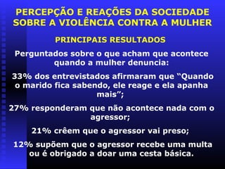 PERCEPÇÃO E REAÇÕES DA SOCIEDADE
SOBRE A VIOLÊNCIA CONTRA A MULHER
         PRINCIPAIS RESULTADOS
 Perguntados sobre o que acham que acontece
         quando a mulher denuncia:
33% dos entrevistados afirmaram que “Quando
 o marido fica sabendo, ele reage e ela apanha
                    mais”;
27% responderam que não acontece nada com o
                agressor;
    21% crêem que o agressor vai preso;
12% supõem que o agressor recebe uma multa
   ou é obrigado a doar uma cesta básica.
 