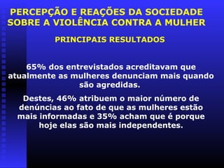 PERCEPÇÃO E REAÇÕES DA SOCIEDADE
SOBRE A VIOLÊNCIA CONTRA A MULHER
         PRINCIPAIS RESULTADOS


    65% dos entrevistados acreditavam que
atualmente as mulheres denunciam mais quando
               são agredidas.
  Destes, 46% atribuem o maior número de
 denúncias ao fato de que as mulheres estão
 mais informadas e 35% acham que é porque
      hoje elas são mais independentes.
 