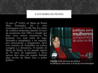 O caso n° 12.051, de Maria da Penha
Maia Fernandes, foi o caso
homenagem à lei 11.340. Ela foi vítima
de violência domestica durante 23 anos
de casamento. Em 1983, o marido por
duas vezes tentou assassina-la. Na
primeira vez, com arma de fogo,
deixando-a paraplégica, e na segunda,
por eletrocussão e afogamento. Após
essa tentativa de homicídio ela tomou
coragem e o denunciou. O marido de
Maria da Penha só foi punido depois
de 19 anos de julgamento e ficou
apenas dois anos em regime fechado
para revolta de Maria com o poder
público.
A LEI MARIA DA PENHA
Maria da Penha, foi vitima de violência
do marido por vários anos. A lei lhe faz uma homenagem
 