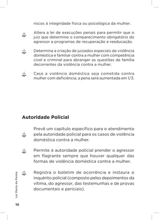 Responsabilidades,
                     Atribuições e
                     Competências
                              riscos à integridade física ou psicológica da mulher.

                              Altera a lei de execuções penais para permitir que o
                              juiz que determine o comparecimento obrigatório do
                              agressor a programas de recuperação e reeducação.

                              Determina a criação de juizados especiais de violência
                              doméstica e familiar contra a mulher com competência
                              cível e criminal para abranger as questões de família
                              decorrentes da violência contra a mulher.

                              Caso a violência doméstica seja cometida contra
                              mulher com deficiência, a pena será aumentada em 1/3.




                     Autoridade Policial

                              Prevê um capítulo específico para o atendimento
                              pela autoridade policial para os casos de violência
                              doméstica contra a mulher.

                              Permite à autoridade policial prender o agressor
                              em flagrante sempre que houver qualquer das
                              formas de violência doméstica contra a mulher.

                              Registra o boletim de ocorrência e instaura o
Lei Maria da Penha




                              inquérito policial (composto pelos depoimentos da
                              vítima, do agressor, das testemunhas e de provas
                              documentais e periciais).


    10
 