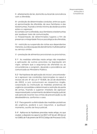 Responsabilidades,
                                                                       Atribuições e
II - afastamento do lar, domicílio ou local de convivência            Competências

com a ofendida;

III - proibição de determinadas condutas, entre as quais:
a) aproximação da ofendida, de seus familiares e das
testemunhas, fixando o limite mínimo de distância entre
estes e o agressor;
b) contato com a ofendida, seus familiares e testemunhas
por qualquer meio de comunicação;
c) freqüentação de determinados lugares a fim de
preservar a integridade física e psicológica da ofendida;

IV - restrição ou suspensão de visitas aos dependentes
menores, ouvida a equipe de atendimento multidisciplinar
ou serviço similar;

V - prestação de alimentos provisionais ou provisórios.

§ 1o  As medidas referidas neste artigo não impedem
a aplicação de outras previstas na legislação em
vigor, sempre que a segurança da ofendida ou as
circunstâncias o exigirem, devendo a providência ser
comunicada ao Ministério Público.

§ 2o  Na hipótese de aplicação do inciso I, encontrando-
se o agressor nas condições mencionadas no caput e
incisos do art. 6o da Lei no 10.826, de 22 de dezembro
de 2003, o juiz comunicará ao respectivo órgão,
corporação ou instituição as medidas protetivas de
urgência concedidas e determinará a restrição do porte
de armas, ficando o superior imediato do agressor
responsável pelo cumprimento da determinação judicial,
sob pena de incorrer nos crimes de prevaricação ou de
desobediência, conforme o caso.

§ 3o  Para garantir a efetividade das medidas protetivas
de urgência, poderá o juiz requisitar, a qualquer
                                                                                        Lei Maria da Penha




momento, auxílio da força policial.

§ 4o  Aplica-se às hipóteses previstas neste artigo, no que
couber, o disposto no caput e nos §§ 5o e 6º do art. 461 da Lei
no 5.869, de 11 de janeiro de 1973 (Código de Processo Civil).


                                                                                       25
 