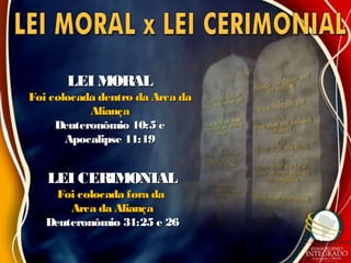 LEI MORALLEI MORAL
Foi colocada dentro da Arca daFoi colocada dentro da Arca da
AliançaAliança
Deuteronômio 10:5 eDeuteronômio 10:5 e
Apocalipse 11:19Apocalipse 11:19
LEI CERIMONIALLEI CERIMONIAL
Foi colocada fora daFoi colocada fora da
Arca da AliançaArca da Aliança
Deuteronômio 31:25 e 26Deuteronômio 31:25 e 26
 
