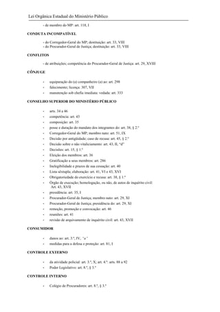 Lei Orgânica Estadual do Ministério Público
- de membro do MP: art. 118, I
CONDUTA INCOMPATÍVEL
- do Corregedor-Geral do MP; destituição: art. 33, VIII
- do Procurador-Geral de Justiça; destituição: art. 33, VIII
CONFLITOS
- de atribuições; competência do Procurador-Geral de Justiça: art. 29, XVIII
CÔNJUGE
-

equiparação do (a) companheiro (a) ao: art. 298
falecimento; licença: 307, VII
manutenção sob chefia imediata: vedada: art. 333

CONSELHO SUPERIOR DO MINISTÉRIO PÚBLICO
-

arts. 34 a 46
competência: art. 43
composição: art. 35
posse e duração do mandato dos integrantes do: art. 38, § 2.º
Corregedor-Geral do MP; membro nato: art. 51, IX
Decisão por antigüidade; caso de recusa: art. 45, § 2.º
Decisão sobre o não vitaliciamento: art. 43, II, “d”
Decisões: art. 15, § 1.º
Eleição dos membros: art. 36
Gratificação a seus membros: art. 286
Inelegibilidade e prazos de sua cessação: art. 40
Lista sêxtupla; elaboração: art. 41, VI e 43, XVI
Obrigatoriedade do exercício e recusa: art. 38, § 1.º
Órgão de execução; homologação, ou não, de autos de inquérito civil:
Art. 43, XVII
presidência: art. 35, I
Procurador-Geral de Justiça; membro nato: art. 29, XI
Procurador-Geral de Justiça; presidência do: art. 29, XI
remoção, promoção e convocação: art. 46
reuniões: art. 41
revisão de arquivamento de inquérito civil: art. 43, XVII

CONSUMIDOR
-

danos ao: art. 3.º, IV, “a”
medidas para a defesa e proteção: art. 81, I

CONTROLE EXTERNO
-

da atividade policial: art. 3.º, X; art. 4.º: arts. 88 a 92
Poder Legislativo: art. 8.º, § 3.º

CONTROLE INTERNO
-

Colégio de Procuradores: art. 8.º, § 3.º

 