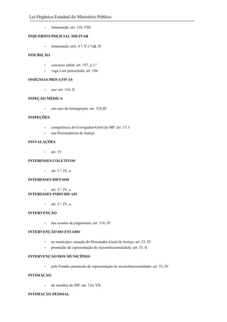 Lei Orgânica Estadual do Ministério Público
-

instauração: art. 116, VIII

INQUÉRITO POLICIAL MILITAR
-

instauração: arts. 4.º, V e %&, II

INSCRIÇÃO
-

concurso edital: art. 197, § 3.º
vaga a ser preenchida: art. 196

INSÍGNIAS PRIVATIVAS
-

uso: art. 116, II

INPEÇÀO MÉDICA
-

em caso de reintegração: art. 328,III

INSPEÇÕES
-

competência do Corregedor-Geral do MP: art. 17, I
nas Procuradorias de Justiça

INSTALAÇÕES
-

art. 15

INTERESSES COLETIVOS
-

art. 3.º, IV, a

INTERESSES DIFUSOS
- art. 3.º, IV, a
INTERESSES INDIVIDUAIS
-

art. 3.º, IV, a

INTERVENÇÃO
-

nas sessões de julgamento: art. 116, IV

INTERVENÇÃO DO ESTADO
-

no município; atuação do Procurador-Geral de Justiça: art. 53, IV
promoção de representação de inconstitucionalidade: art. 53, II

INTERVENÇÀO DOS MUNICÍPIOS
-

pelo Estado; promoção de representação de inconstitucionalidade: art. 53, IV

INTIMAÇÀO
-

de membro do MP: art. 116, VII

INTIMAÇÀO PESSOAL

 