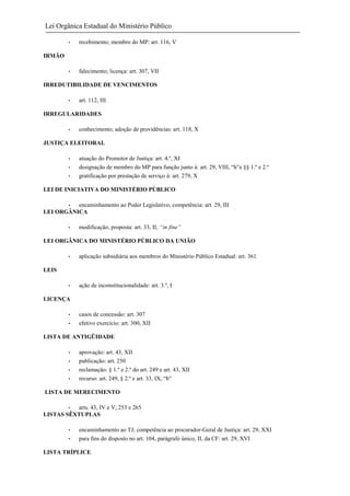 Lei Orgânica Estadual do Ministério Público
-

recebimento; membro do MP: art. 116, V

-

falecimento; licença: art. 307, VII

IRMÃO

IRREDUTIBILIDADE DE VENCIMENTOS
-

art. 112, III

IRREGULARIDADES
-

conhecimento; adoção de providências: art. 118, X

JUSTIÇA ELEITORAL
-

atuação do Promotor de Justiça: art. 4.º, XI
designação de membro do MP para função junto à: art. 29, VIII, “h”e §§ 1.º e 2.º
gratificação por prestação de serviço à: art. 279, X

LEI DE INICIATIVA DO MINISTÉRIO PÚBLICO
- encaminhamento ao Poder Legislativo; competência: art. 29, III
LEI ORGÂNICA
-

modificação; proposta: art. 33, II, “in fine”

LEI ORGÂNICA DO MINISTÉRIO PÚBLICO DA UNIÃO
-

aplicação subsidiária aos membros do Ministério Público Estadual: art. 361

-

ação de inconstitucionalidade: art. 3.º, I

LEIS

LICENÇA
-

casos de concessão: art. 307
efetivo exercício: art. 300, XII

LISTA DE ANTIGÜIDADE
-

aprovação: art. 43, XII
publicação: art. 250
reclamação: § 1.º e 2.º do art. 249 e art. 43, XII
recurso: art. 249, § 2.º e art. 33, IX, “b”

LISTA DE MERECIMENTO
- arts. 43, IV e V, 253 e 265
LISTAS SÊXTUPLAS
-

encaminhamento ao TJ; competência ao procurador-Geral de Justiça: art. 29, XXI
para fins do disposto no art. 104, parágrafo único, II, da CF: art. 29, XVI

LISTA TRÍPLICE

 