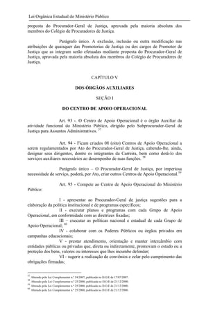 Lei Orgânica Estadual do Ministério Público
proposta do Procurador-Geral de Justiça, aprovada pela maioria absoluta dos
membros do Colégio de Procuradores de Justiça.
Parágrafo único. A exclusão, inclusão ou outra modificação nas
atribuições de quaisquer das Promotorias de Justiça ou dos cargos de Promotor de
Justiça que as integram serão efetuadas mediante proposta do Procurador-Geral de
Justiça, aprovada pela maioria absoluta dos membros do Colégio de Procuradores de
Justiça.

CAPÍTULO V
DOS ÓRGÃOS AUXILIARES
SEÇÃO I
DO CENTRO DE APOIO OPERACIONAL
Art. 93 -. O Centro de Apoio Operacional é o órgão Auxiliar da
atividade funcional do Ministério Público, dirigido pelo Subprocurador-Geral de
Justiça para Assuntos Administrativos. 57
Art. 94 - Ficam criados 08 (oito) Centros de Apoio Operacional a
serem regulamentados por Ato do Procurador-Geral de Justiça, cabendo-lhe, ainda,
designar seus dirigentes, dentre os integrantes da Carreira, bem como dotá-lo dos
serviços auxiliares necessários ao desempenho de suas funções. 58
Parágrafo único – O Procurador-Geral de Justiça, por imperiosa
necessidade de serviço, poderá, por Ato, criar outros Centros de Apoio Operacional.59
Art. 95 - Compete ao Centro de Apoio Operacional do Ministério
Público:
I - apresentar ao Procurador-Geral de justiça sugestões para a
elaboração da política institucional e de programas específicos;
II - executar planos e programas com cada Grupo de Apoio
Operacional, em conformidade com as diretrizes fixadas;
III – executar as políticas nacional e estadual de cada Grupo de
Apoio Operacional; 60
IV - colaborar com os Poderes Públicos ou órgãos privados em
campanhas educacionais;
V - prestar atendimento, orientação e manter intercâmbio com
entidades públicas ou privadas que, direta ou indiretamente, promovam o estudo ou a
proteção dos bens, valores ou interesses que lhes incumbe defender;
VI - sugerir a realização de convênios e zelar pelo cumprimento das
obrigações firmadas;
57

Alterado pela Lei Complementar n.º 54/2007, publicada no D.O.E de 17/07/2007.
Alterado pela Lei Complementar n.º 25/2000, publicada no D.O.E de 21/12/2000.
59
Alterado pela Lei Complementar n.º 25/2000, publicada no D.O.E de 21/12/2000.
60
Alterado pela Lei Complementar n.º 25/2000, publicada no D.O.E de 21/12/2000.
58

 