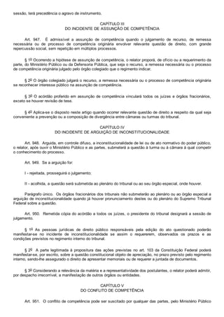 sessão, terá precedência o agravo de instrumento.
CAPÍTULO III
DO INCIDENTE DE ASSUNÇÃO DE COMPETÊNCIA
Art.  947.    É  admissível  a  assunção  de  competência  quando  o  julgamento  de  recurso,  de  remessa
necessária  ou  de  processo  de  competência  originária  envolver  relevante  questão  de  direito,  com  grande
repercussão social, sem repetição em múltiplos processos.
§ 1o Ocorrendo a hipótese de assunção de competência, o relator proporá, de ofício ou a requerimento da
parte, do Ministério Público ou da Defensoria Pública, que seja o recurso, a remessa necessária ou o processo
de competência originária julgado pelo órgão colegiado que o regimento indicar.
§ 2o O órgão colegiado julgará o recurso, a remessa necessária ou o processo de competência originária
se reconhecer interesse público na assunção de competência.
§ 3o O acórdão proferido em assunção de competência vinculará todos os juízes e órgãos fracionários,
exceto se houver revisão de tese.
§ 4o Aplica­se o disposto neste artigo quando ocorrer relevante questão de direito a respeito da qual seja
conveniente a prevenção ou a composição de divergência entre câmaras ou turmas do tribunal.
CAPÍTULO IV
DO INCIDENTE DE ARGUIÇÃO DE INCONSTITUCIONALIDADE
Art. 948.  Arguida, em controle difuso, a inconstitucionalidade de lei ou de ato normativo do poder público,
o relator, após ouvir o Ministério Público e as partes, submeterá a questão à turma ou à câmara à qual competir
o conhecimento do processo.
Art. 949.  Se a arguição for:
I ­ rejeitada, prosseguirá o julgamento;
II ­ acolhida, a questão será submetida ao plenário do tribunal ou ao seu órgão especial, onde houver.
Parágrafo único.  Os órgãos fracionários dos tribunais não submeterão ao plenário ou ao órgão especial a
arguição de inconstitucionalidade quando já houver pronunciamento destes ou do plenário do Supremo  Tribunal
Federal sobre a questão.
Art. 950.  Remetida cópia do acórdão a todos os juízes, o presidente do tribunal designará a sessão de
julgamento.
§  1o  As  pessoas  jurídicas  de  direito  público  responsáveis  pela  edição  do  ato  questionado  poderão
manifestar­se  no  incidente  de  inconstitucionalidade  se  assim  o  requererem,  observados  os  prazos  e  as
condições previstos no regimento interno do tribunal.
§ 2o    A  parte  legitimada  à  propositura  das  ações  previstas  no  art.  103  da  Constituição  Federal  poderá
manifestar­se, por escrito, sobre a questão constitucional objeto de apreciação, no prazo previsto pelo regimento
interno, sendo­lhe assegurado o direito de apresentar memoriais ou de requerer a juntada de documentos.
§ 3o Considerando a relevância da matéria e a representatividade dos postulantes, o relator poderá admitir,
por despacho irrecorrível, a manifestação de outros órgãos ou entidades.
CAPÍTULO V
DO CONFLITO DE COMPETÊNCIA
Art. 951.  O conflito de competência pode ser suscitado por qualquer das partes, pelo Ministério Público
 