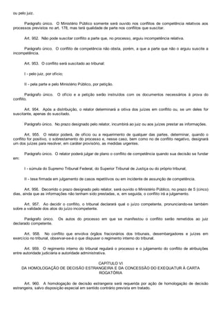ou pelo juiz.
Parágrafo  único.    O  Ministério  Público  somente  será  ouvido  nos  conflitos  de  competência  relativos  aos
processos previstos no art. 178, mas terá qualidade de parte nos conflitos que suscitar.
Art. 952.  Não pode suscitar conflito a parte que, no processo, arguiu incompetência relativa.
Parágrafo único.  O conflito de competência não obsta, porém, a que a parte que não o arguiu suscite a
incompetência.
Art. 953.  O conflito será suscitado ao tribunal:
I ­ pelo juiz, por ofício;
II ­ pela parte e pelo Ministério Público, por petição.
Parágrafo  único.    O  ofício  e  a  petição  serão  instruídos  com  os  documentos  necessários  à  prova  do
conflito.
Art. 954.  Após a distribuição, o relator determinará a oitiva dos juízes em conflito ou, se um deles  for
suscitante, apenas do suscitado.
Parágrafo único.  No prazo designado pelo relator, incumbirá ao juiz ou aos juízes prestar as informações.
Art.  955.    O  relator  poderá,  de  ofício  ou  a  requerimento  de  qualquer  das  partes,  determinar,  quando  o
conflito for positivo, o sobrestamento do processo e, nesse caso, bem como no de conflito negativo, designará
um dos juízes para resolver, em caráter provisório, as medidas urgentes.
Parágrafo único.  O relator poderá julgar de plano o conflito de competência quando sua decisão se fundar
em:
I ­ súmula do Supremo Tribunal Federal, do Superior Tribunal de Justiça ou do próprio tribunal;
II ­ tese firmada em julgamento de casos repetitivos ou em incidente de assunção de competência.
Art. 956.  Decorrido o prazo designado pelo relator, será ouvido o Ministério Público, no prazo de 5 (cinco)
dias, ainda que as informações não tenham sido prestadas, e, em seguida, o conflito irá a julgamento.
Art.  957.    Ao  decidir  o  conflito,  o  tribunal  declarará  qual  o  juízo  competente,  pronunciando­se  também
sobre a validade dos atos do juízo incompetente.
Parágrafo  único.    Os  autos  do  processo  em  que  se  manifestou  o  conflito  serão  remetidos  ao  juiz
declarado competente.
Art.  958.    No  conflito  que  envolva  órgãos  fracionários  dos  tribunais,  desembargadores  e  juízes  em
exercício no tribunal, observar­se­á o que dispuser o regimento interno do tribunal.
Art.  959.    O  regimento  interno  do  tribunal  regulará  o  processo  e  o  julgamento  do  conflito  de  atribuições
entre autoridade judiciária e autoridade administrativa.
CAPÍTULO VI
DA HOMOLOGAÇÃO DE DECISÃO ESTRANGEIRA E DA CONCESSÃO DO EXEQUATUR À CARTA
ROGATÓRIA
Art.  960.    A  homologação  de  decisão  estrangeira  será  requerida  por  ação  de  homologação  de  decisão
estrangeira, salvo disposição especial em sentido contrário prevista em tratado.
 