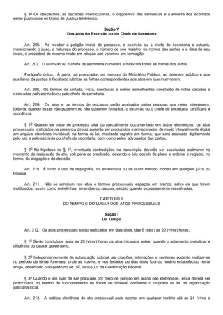 § 3o Os despachos, as decisões  interlocutórias,  o  dispositivo  das  sentenças  e  a  ementa  dos  acórdãos
serão publicados no Diário de Justiça Eletrônico.
Seção V
Dos Atos do Escrivão ou do Chefe de Secretaria
Art.  206.    Ao  receber  a  petição  inicial  de  processo,  o  escrivão  ou  o  chefe  de  secretaria  a  autuará,
mencionando o juízo, a natureza do processo, o número de seu registro, os nomes das partes e a data de seu
início, e procederá do mesmo modo em relação aos volumes em formação.
Art. 207.  O escrivão ou o chefe de secretaria numerará e rubricará todas as folhas dos autos.
Parágrafo  único.    À  parte,  ao  procurador,  ao  membro  do  Ministério  Público,  ao  defensor  público  e  aos
auxiliares da justiça é facultado rubricar as folhas correspondentes aos atos em que intervierem.
Art.  208.    Os  termos  de  juntada,  vista,  conclusão  e  outros  semelhantes  constarão  de  notas  datadas  e
rubricadas pelo escrivão ou pelo chefe de secretaria.
Art.  209.    Os  atos  e  os  termos  do  processo  serão  assinados  pelas  pessoas  que  neles  intervierem,
todavia, quando essas não puderem ou não quiserem firmá­los, o escrivão ou o chefe de secretaria certificará a
ocorrência.
§  1o  Quando  se  tratar  de  processo  total  ou  parcialmente  documentado  em  autos  eletrônicos,  os  atos
processuais praticados na presença do juiz poderão ser produzidos e armazenados de modo integralmente digital
em  arquivo  eletrônico  inviolável,  na  forma  da  lei,  mediante  registro  em  termo,  que  será  assinado  digitalmente
pelo juiz e pelo escrivão ou chefe de secretaria, bem como pelos advogados das partes.
§  2o  Na  hipótese  do  §  1o,  eventuais  contradições  na  transcrição  deverão  ser  suscitadas  oralmente  no
momento de realização do ato, sob pena de preclusão, devendo o juiz decidir de plano e ordenar o registro, no
termo, da alegação e da decisão.
Art.  210.    É  lícito  o  uso  da  taquigrafia,  da  estenotipia  ou  de  outro  método  idôneo  em  qualquer  juízo  ou
tribunal.
Art.  211.    Não  se  admitem  nos  atos  e  termos  processuais  espaços  em  branco,  salvo  os  que  forem
inutilizados, assim como entrelinhas, emendas ou rasuras, exceto quando expressamente ressalvadas.
CAPÍTULO II
DO TEMPO E DO LUGAR DOS ATOS PROCESSUAIS
Seção I
Do Tempo
Art. 212.  Os atos processuais serão realizados em dias úteis, das 6 (seis) às 20 (vinte) horas.
§ 1o Serão concluídos após as 20 (vinte) horas os atos iniciados antes, quando o adiamento prejudicar a
diligência ou causar grave dano.
§ 2o Independentemente de autorização judicial, as citações, intimações e penhoras poderão realizar­se
no período de férias forenses, onde as houver, e nos feriados ou dias úteis fora do horário estabelecido neste
artigo, observado o disposto no art. 5o, inciso XI, da Constituição Federal.
§ 3o Quando o ato tiver de ser praticado por meio de petição em autos não eletrônicos, essa deverá ser
protocolada  no  horário  de  funcionamento  do  fórum  ou  tribunal,  conforme  o  disposto  na  lei  de  organização
judiciária local.
Art.  213.    A  prática  eletrônica  de  ato  processual  pode  ocorrer  em  qualquer  horário  até  as  24  (vinte  e
 