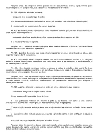 Parágrafo único.  Se o requerido afirmar que não possui o documento ou a coisa, o juiz permitirá que o
requerente prove, por qualquer meio, que a declaração não corresponde à verdade.
Art. 399.  O juiz não admitirá a recusa se:
I ­ o requerido tiver obrigação legal de exibir;
II ­ o requerido tiver aludido ao documento ou à coisa, no processo, com o intuito de constituir prova;
III ­ o documento, por seu conteúdo, for comum às partes.
Art. 400. Ao decidir o pedido, o juiz admitirá como verdadeiros os fatos que, por meio do documento ou da
coisa, a parte pretendia provar se:
I ­ o requerido não efetuar a exibição nem fizer nenhuma declaração no prazo do art. 398;
II ­ a recusa for havida por ilegítima.
Parágrafo único.  Sendo necessário, o juiz pode adotar medidas indutivas, coercitivas, mandamentais ou
sub­rogatórias para que o documento seja exibido.
Art. 401.  Quando o documento ou a coisa estiver em poder de terceiro, o juiz ordenará sua citação para
responder no prazo de 15 (quinze) dias.
Art. 402.  Se o terceiro negar a obrigação de exibir ou a posse do documento ou da coisa, o juiz designará
audiência especial, tomando­lhe o depoimento, bem como o das partes e, se necessário, o de testemunhas, e
em seguida proferirá decisão.
Art.  403.    Se  o  terceiro,  sem  justo  motivo,  se  recusar  a  efetuar  a  exibição,  o  juiz  ordenar­lhe­á  que
proceda ao respectivo depósito em cartório ou em outro lugar designado, no prazo de 5 (cinco) dias, impondo ao
requerente que o ressarça pelas despesas que tiver.
Parágrafo único.  Se o terceiro descumprir a ordem, o juiz expedirá mandado de apreensão, requisitando,
se necessário, força policial, sem prejuízo da responsabilidade por crime de desobediência, pagamento de multa
e  outras  medidas  indutivas,  coercitivas,  mandamentais  ou  sub­rogatórias  necessárias  para  assegurar  a
efetivação da decisão.
Art. 404.  A parte e o terceiro se escusam de exibir, em juízo, o documento ou a coisa se:
I ­ concernente a negócios da própria vida da família;
II ­ sua apresentação puder violar dever de honra;
III  ­  sua  publicidade  redundar  em  desonra  à  parte  ou  ao  terceiro,  bem  como  a  seus  parentes
consanguíneos ou afins até o terceiro grau, ou lhes representar perigo de ação penal;
IV ­ sua exibição acarretar a divulgação de fatos a cujo respeito, por estado ou profissão, devam guardar
segredo;
V ­ subsistirem outros motivos graves que, segundo o prudente arbítrio do juiz, justifiquem a recusa da
exibição;
VI ­ houver disposição legal que justifique a recusa da exibição.
Parágrafo único.  Se os motivos de que tratam os incisos I a VI do caput disserem respeito a apenas uma
parcela do documento, a parte ou o terceiro exibirá a outra em cartório, para dela ser extraída cópia reprográfica,
de tudo sendo lavrado auto circunstanciado.
 
