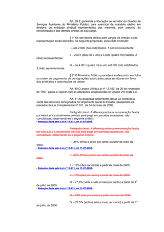Art. 39 É garantida a liberação de servidor do Quadro de
Serviços Auxiliares do Ministério Público para exercício de mandato eletivo em
diretoria de entidade sindical representativa dos mesmos, sem prejuízo da
remuneração e dos demais direitos do seu cargo.

                          § 1º Os servidores eleitos para cargos de direção ou de
representação serão liberados, na seguinte proporção, para cada sindicato:

                            I – até 2.000 (dois mil) filiados, 1 (um) representante;

                            II – 2.001 (dois mil e um) a 4.000 (quatro mil) filiados, 2
(dois) representantes;

                            III – de 4.001 (quatro mil e um) a 8.000 (oito mil) filiados,
3 (três) representantes.

                          § 2º O Ministério Público procederá ao desconto, em folha
ou ordem de pagamento, de consignações autorizadas pelos servidores em favor
dos sindicatos e associações de classe.

                          Art. 40 O anexo VIII da Lei nº 13.162, de 05 de novembro
de 1997, passa a vigorar com as alterações estabelecidas no Anexo VIII desta Lei.

                          Art. 41 As despesas decorrentes desta Lei correrão à
conta dos recursos consignados no Orçamento Geral do Estado, obedecidos os
preceitos da Lei Complementar nº 101, de 04 de maio de 2000.

                           Parágrafo único. A diferença entre a remuneração fixada
por esta Lei e a atualmente prevista será paga em parcelas sucessivas, não
cumulativas, observando-se o seguinte critério:
- Redação dada pela Lei nº 15.231, de 11-07-2005.


                           Parágrafo único. A diferença entre a remuneração fixada
por esta Lei e a atualmente prevista será paga em parcelas sucessivas, não
cumulativas, observando-se o seguinte critério:

                            I – 35% (trinta e cinco por cento) a partir de maio de
2004;
- Redação dada pela Lei nº 15.231, de 11-07-2005.


                            I – 35% (trinta e cinco por cento) a partir de maio de
2004;

                            II – 10% (dez por cento) a partir de maio de 2005;
- Redação dada pela Lei nº 15.231, de 11-07-2005.


                            II – 10% (dez por cento) a partir de maio de 2005;

                                                                                        o
                            III – 27,5% (vinte e sete e meio por cento) a partir de 1
de julho de 2005;
- Redação dada pela Lei nº 15.231, de 11-07-2005.


                            III – 10% (dez por cento) a partir de maio de 2006;

                                                                                        o
                            IV – 27,5% (vinte e sete e meio por cento) a partir de 1
de julho de 2006.
 