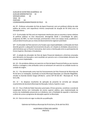 AUXILIAR DE SECRETÁRIA ACADÊMICA 02
AUXILIAR ADMINISTRATIVO 02
SERVIÇOS GERAIS 02
VIGIA 03
PORTEIRO 03
COORDENADOR/ADMNISTRADOR DO POLO 01
Art. 9º - Professor articulador do Polo de Apoio Presencial, será um professor efetivo da rede
pública de ensino, com experiência mínima comprovada de atuação de 03 (três) anos na
educação básica.
§ 1º - O articulador do Polo será um importante interlocutor para os assuntos e temas relativos
às políticas públicas na área educacional, abrangendo desde a consolidação de ações,
programas do MEC, no nível municipal, promovendo o Polo num espaço social, acadêmico e
cultural determinante para as metas do desenvolvimento regional sustentável.
§2º - O articulador do Polo exercerá uma função cujas responsabilidades e atribuições do título
deverão garantir o adequado funcionamento do polo, em relação às atividades educacionais e
administrativas que se fizerem necessárias, bem como a interlocução entre os participantes de
Ensino Superior, Município e Estudantes).
§3º - A seleção do articulador do Polo de Apoio Presencial obedecerá a diretrizes emanadas
pelo Ministério da Educação e será escolhido em parceria com a Universidade ofertante dos
cursos a serem implantados
Art. 10 – Os servidores efetivos em exercício no Polo de Apoio Presencial farão jus aos mesmos
direitos e vantagens a eles atribuídos como se estivessem em exercício na unidade escolar ou
unidade de origem.
Art. 11 – Fica denominado como local de funcionamento do Polo Presencial do Município de
Pé de Serra as instalações, localizada na Escola Municipal Deputado Luis Eduardo Magalhães,
situado na Avenida Getúlio Vargas S/N-Bairro centro CEP 44 655 00 – Município de Pé de
Serra /Ba.
Art. 12 – As despesas resultantes da aplicação da presente lei correrão por dotação
orçamentária da Secretaria Municipal da Educação, Cultura, Esporte e Lazer.
Art. 13 – Fica o Chefe do Poder Executivo autorizado a firmar parcerias, convênios e acordo de
cooperação técnica com instituições de ensino superior pública, para implementação do
ensino nas modalidades presenciais ou à distância, com a finalidade de expandir e interiorizar
a oferta de cursos e programas de educação superior no Município.
Art. 14 - Esta Lei entra em vigor na data de sua publicação.
Gabinete da Prefeitura Municipal de Pé de Serra, 03 de abril de 2013.
HILDEFONSO VITÓRIO DOS SANTOS
-PREFEITO
 
