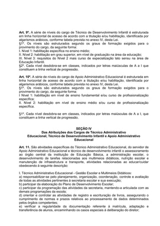 Art. 9º. A série de níveis do cargo de Técnico de Desenvolvimento Infantil é estruturada
em linha horizontal de acesso de acordo com a titulação e/ou habilitação, identificada por
algarismos arábicos, conforme tabela prevista no anexo IV, desta Lei.
§1º. Os níveis são estruturados segundo os graus de formação exigidos para o
provimento do cargo, da seguinte forma:
I. Nível 1: habilitação específica no ensino médio;
II. Nível 2: habilitação em grau superior, em nível de graduação na área da educação;
III. Nível 3: requisitos do Nível 2 mais curso de especialização lato sensu na área de
Educação Infantil.
§2º. Cada nível desdobra-se em classes, indicados por letras maiúsculas de A a I que
constituem a linha vertical de progressão.

Art. 10º. A série de níveis do cargo de Apoio Administrativo Educacional é estruturada em
linha horizontal de acesso de acordo com a titulação e/ou habilitação, identificada por
algarismos arábicos, conforme tabela prevista no anexo IV, desta Lei.
§1º. Os níveis são estruturados segundo os graus de formação exigidos para o
provimento do cargo, da seguinte forma:
I Nível 1: habilitação em nível de ensino fundamental e/ou curso de profissionalização
específica;
II. Nível 2: habilitação em nível de ensino médio e/ou curso de profissionalização
específica.

§1º. Cada nível desdobra-se em classes, indicados por letras maiúsculas de A a I, que
constituem a linha vertical de progressão.


                                  SEÇÃO IV
             Das Atribuições dos Cargos de Técnico Administrativo
     Educacional, Técnico de Desenvolvimento Infantil e Apoio Administrativo
                                 Educacional

Art. 11. São atividades específicas do Técnico Administrativo Educacional, do servidor de
Apoio Administrativo Educacional e técnico de desenvolvimento infantil o assessoramento
ao órgão central da instituição de Educação Básica, a administração escolar, o
desenvolvimento de tarefas relacionadas aos multimeios didáticos, nutrição escolar e
manutenção de infraestrutura e transporte, atividades relacionadas ao educar/cuidar
obedecendo à seguinte descrição:

I. Técnico Administrativo Educacional - Gestão Escolar e Multimeios Didáticos:
a) responsabilizar-se pelo planejamento, organização, coordenação, controle e avaliação
de todas as atividades pertinentes à secretaria escolar e sua execução;
b) participar da elaboração do Plano de Desenvolvimento Escolar;
c) participar da programação das atividades da secretaria, mantendo-a articulada com as
demais programações da escola;
d) orientar e controlar as atividades de registro e escrituração de livros, assegurando o
cumprimento de normas e prazos relativos ao processamento de dados determinados
pelos órgãos competentes;
e) verificar a regularidade da documentação referente à matrícula, adaptação e
transferência de alunos, encaminhando os casos especiais à deliberação do diretor;
 