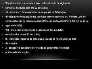 VI - administrar e arrecadar a taxa de fiscalização de vigilânciasanitária, instituída pelo art. 23 desta Lei;VII - autorizar o funcionamento de empresas de fabricação,distribuição e importação dos produtos mencionados no art. 8º desta Lei e decomercialização de medicamentos; (Redação dada pela MP nº 2.190-34, de 23 deagosto de 2001)VIII - anuir com a importação e exportação dos produtosmencionados no art. 8º desta Lei;IX - conceder registros de produtos, segundo as normas de sua áreade atuação;X - conceder e cancelar o certificado de cumprimento de boaspráticas de fabricação;