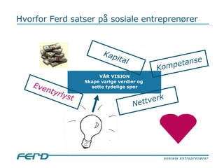Hvorfor Ferd satser på sosiale entreprenører VÅR VISJON Skape varige verdier og  sette tydelige spor Eventyrlyst Kompetanse Kapital Nettverk 