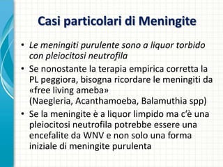 Casi particolari di Meningite
• Le meningiti purulente sono a liquor torbido
con pleiocitosi neutrofila
• Se nonostante la terapia empirica corretta la
PL peggiora, bisogna ricordare le meningiti da
«free living ameba»
(Naegleria, Acanthamoeba, Balamuthia spp)
• Se la meningite è a liquor limpido ma c’è una
pleiocitosi neutrofila potrebbe essere una
encefalite da WNV e non solo una forma
iniziale di meningite purulenta
 