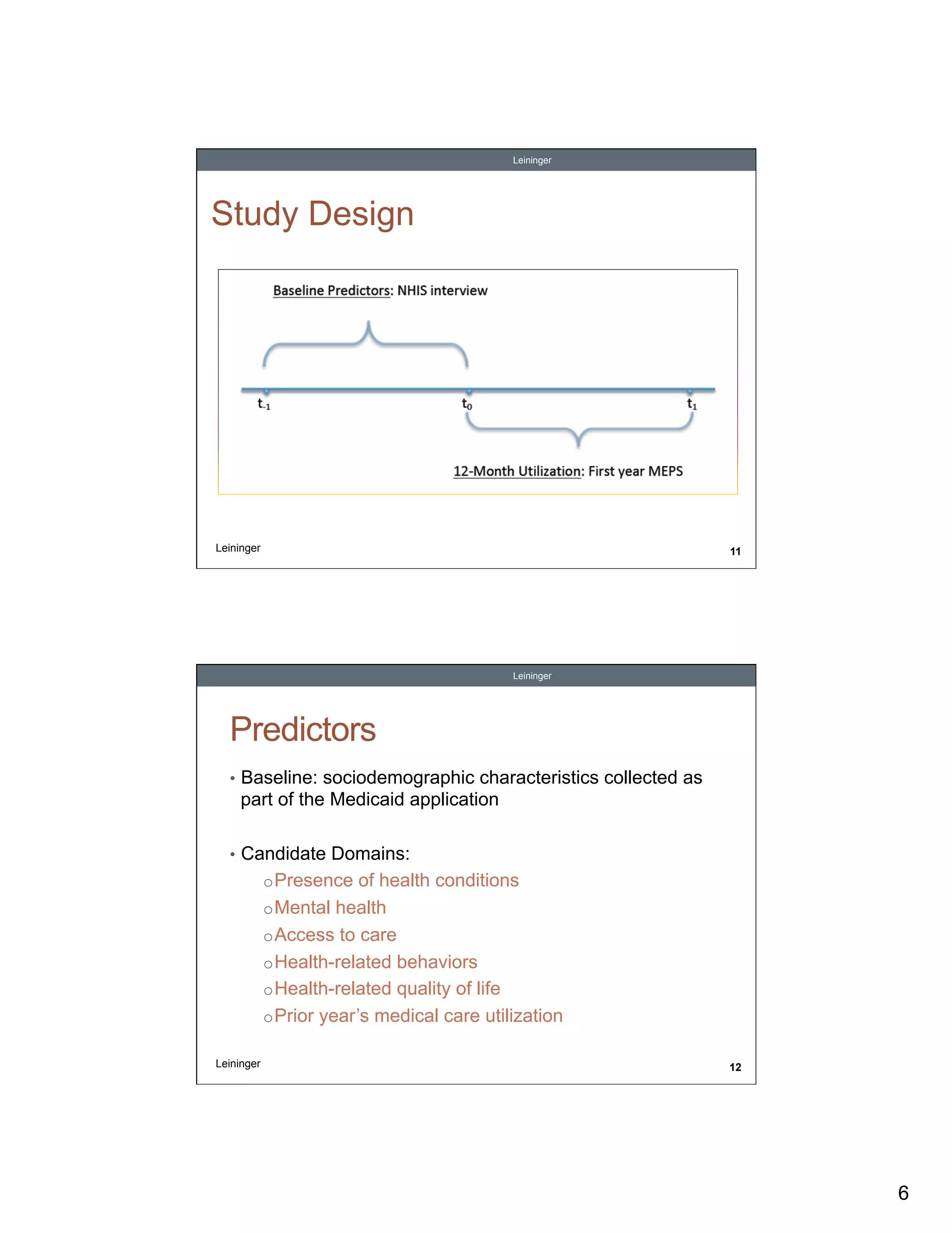 Leininger

Study Design

Leininger

11

Leininger

Predictors
•  Baseline: sociodemographic characteristics collected as

part of the Medicaid application
•  Candidate Domains:

o Presence of health conditions
o Mental health
o Access to care
o Health-related behaviors
o Health-related quality of life
o Prior year’s medical care utilization
Leininger

12

6

 