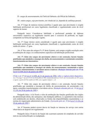 II - cargos de assessoramento, de Chefe de Gabinete e de Oficial de Gabinete;
III - outros cargos, cujo provimento, em virtude da Lei, dependa de confiança pessoal.
Art. 4º Cargo de natureza técnico-científica é aquele para cujo provimento é exigido
habilitação profissional em curso legalmente classificado e regulamentado como de nível
superior de ensino.
Parágrafo único. Considera-se habilitado o profissional portador de diploma
universitário respectivo ou legalmente inscrito para o exercício da profissão, no órgão
competente na forma da legislação vigente.
Art. 5º Cargo técnico assim considerado é aquele para cujo provimento é exigido
habilitação profissional em curso legalmente classificado e regulamentado como de nível
médio de ensino - 2º grau.
Art. 6º Nos casos dos artigos 4º e 5º deste Estatuto, será sempre exigida correlação entre
as atribuições do cargo e os conhecimentos específicos da habilitação profissional.
Art. 7º Além dos cargos de provimento efetivo e em comissão, haverá funções
gratificadas que atenderão a encargos de chefia, de assessoramento e secretariado cometidos
transitoriamente aos funcionários.
Art. 7º Além dos cargos de provimento efetivo e em comissão, haverá funções
gratificadas que atenderão a encargos de chefia, de assessoramento, secretariado e apoio
cometidos, transitoriamente, a servidores ativos e inativos. (Redação alterada pelo art. 4º da
Lei nº 11.030, de 21 de janeiro de 1994.)
(Vide o art. 4º da Lei nº 11.030, de 21 de janeiro de 1994, sobre a vigência deste dispositivo.
Art. 4º O artigo 7º, da Lei nº 6.123, de 20 de julho de 1968, renumerado pela Lei nº 6.472, de 21 de dezembro de 1972, passa
a vigorar, a partir de 05 de outubro de 1988, com a seguinte redação: (...).)
Art. 7º Além dos cargos de provimento efetivo e em comissão, haverá funções
gratificadas que atenderão a encargos de chefia, de assessoramento, de secretariado e de
apoio, cometidos transitoriamente a servidores ativos. (Redação alterada pelo art. 19 da Lei nº
11.216, de 20 de junho de 1995.)
Parágrafo único. A lei fixará o valor da retribuição das funções gratificadas dos órgãos
da administração direta, das autarquias e das fundações públicas; e o quantitativo das mesmas
será estabelecido em decreto, observados os limites das disponibilidades orçamentárias e as
normas de organização administrativa do Estado. (Acrescido pelo art. 19 da Lei nº 11.216, de
20 de junho de 1995.)
Art. 8º Somente poderá ocorrer desvio de função no interesse do serviço com estrita
observância do disposto em regulamento.
Parágrafo único. O desvio de função não acarretará aumento de estipêndio do servidor
nem na sua reclassificação ou readaptação.
 