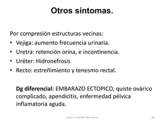 Otros síntomas.
Por compresión estructuras vecinas:
• Vejiga: aumento frecuencia urinaria.
• Uretra: retención orina, e incontinencia.
• Uréter: Hidronefrosis
• Recto: estreñimiento y tenesmo rectal.
Dg diferencial: EMBARAZO ECTOPICO, quiste ovárico
complicado, apendicitis, enfermedad pélvica
inflamatoria aguda.
20Jesús A. Custodio Marroquín
 