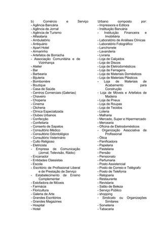 b) Comércio e Serviço Urbano composto por:
- Agência Bancária
- Agência de Jornal
- Agência de Turismo
- Alfaiataria
- Ambulatório
- Antiquário
- Apart Hotel
- Armarinho
- Artefatos de Borracha
- Associação Comunitária e de
Vizinhança
- Atelier
- Bar
- Barbearia
- Bijuteria
- Bombonière
- Boutique
- Casa de Saúde
- Centros Comerciais (Galerias)
- Chaveiro
- Choperia
- Cinema
- Clicheria
- Clínica Especializada
- Clubes Urbanos
- Confecção
- Confeitaria
- Conserto de Sapatos
- Consultório Médico
- Consultório Odontológico
- Consultório Veterinário
- Culto Religioso
- Eletricista
- Empresa de Comunicação
(Jornal, Televisão, Rádio)
- Encanador
- Entidades Classistas
- Escola
- Escritório de Profissional Liberal
e de Prestação de Serviço
- Estabelecimento de Ensino
Complementar
- Estofadora de Móveis
- Farmácia
- Floricultura
- Galeria de Arte
- Grandes Escritórios
- Grandes Magazines
- Hospital
- Hotel
- Impressora e Editora
- Instituição Bancária
- Instituição Financeira e
Imobiliária
- Laboratório de Análises Clínicas
- Laboratório Fotográfico
- Lanchonete
- Lavanderia
- Livraria
- Loja de Calçados
- Loja de Discos
- Loja de Eletrodomésticos
- Loja de Ferragens
- Loja de Materiais Domésticos
- Loja de Materiais Plásticos
- Loja de Materiais de
Acabamento para
Construção
- Loja de Móveis e Artefatos de
Madeira
- Loja de Pneus
- Loja de Roupas
- Loja de Tecidos
- Loteria
- Malharia
- Mercado, Super e Hipermercado
- Mercearia
- Oficina de Eletrodomésticos
- Organização Associativa de
Profissional
- Ótica
- Panificadora
- Papelaria
- Pastelaria
- Pensão
- Pensionato
- Perfumaria
- Posto Assistencial
- Posto de Correio e Telégrafo
- Posto de Telefonia
- Relojoaria
- Restaurante
- Revistaria
- Salão de Beleza
- Serviço Público
- shopping
- Sindicato ou Organizações
Similares
- Sorveteria
- Tabacaria
 