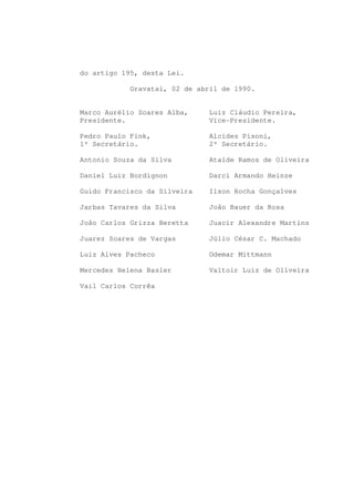 do artigo 195, desta Lei.

            Gravataí, 02 de abril de 1990.


Marco Aurélio Soares Alba,     Luiz Cláudio Pereira,
Presidente.                    Vice-Presidente.

Pedro Paulo Fink,              Alcides Pisoni,
1º Secretário.                 2º Secretário.

Antonio Souza da Silva         Ataíde Ramos de Oliveira

Daniel Luiz Bordignon          Darci Armando Heinze

Guido Francisco da Silveira    Ilson Rocha Gonçalves

Jarbas Tavares da Silva        João Bauer da Rosa

João Carlos Grizza Beretta     Juacir Alexandre Martins

Juarez Soares de Vargas        Júlio César C. Machado

Luiz Alves Pacheco             Odemar Mittmann

Mercedes Helena Basler         Valtoir Luiz de Oliveira

Vail Carlos Corrêa
 