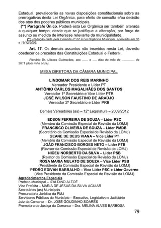 79
Estadual, prevalecerão as novas disposições constitucionais sobre as
prerrogativas desta Lei Orgânica, para efeito de consulta e/ou decisão
dos atos dos poderes públicos municipais.
(**) Parágrafo Único. Poderá esta Lei Orgânica ser também alterada
a qualquer tempo, desde que se justifique a alteração, por força de
assunto ou medida de interesse relevante da municipalidade.
(**) Redação dada pela Emenda nº 07 à Lei Orgânica Municipal, aprovada em 05
e 19/12/2005.
Art. 17. Os demais assuntos não inseridos nesta Lei, deverão
obedecer os preceitos das Constituições Estadual e Federal.
Plenário Dr. Ulisses Guimarães, aos ....... e ..... dias do mês de ............... de
2011 (dois mil e onze).
MESA DIRETORA DA CÂMARA MUNICIPAL
LINDOMAR DOS REIS MARINHO
Vereador Presidente e Líder PT
ANTÔNIO CARLOS MAGALHÃES DOS SANTOS
Vereador 1º Secretário e Vice Líder PTB
JOSÉ WILSON FAUSTINO DE ARAÚJO
Vereador 2º Secretário e Líder PRB
Demais Vereadores (as) – 12ª Legislatura – 2009/2012
EDSON FERREIRA DE SOUZA – Líder PSC
(Membro da Comissão Especial de Revisão da LOMJ)
FRANCISCO OLIVEIRA DE SOUZA – Líder PMDB
(Secretário da Comissão Especial de Revisão da LOMJ)
GEANE DE DEUS VIANA – Vice Líder PT
(Membro da Comissão Especial de Revisão da LOMJ)
JOÃO FRANCISCO BORGES NETO – Líder PTB
(Revisor da Comissão Especial de Revisão da LOMJ)
NICEU NORBERTO DA SILVA – Líder PSB
(Relator da Comissão Especial de Revisão da LOMJ)
ROSA MARIA MULATO DE SOUZA – Vice Líder PSB
(Presidente da Comissão Especial de Revisão da LOMJ)
PEDRO EDIVAN BARBALHO – Vice Líder PSC e Líder Governo
(Vice Presidente da Comissão Especial de Revisão da LOMJ)
Agradecimentos Especiais
Prefeito Municipal – IZALDINO ALTOÉ
Vice Prefeita – MARIA DE JESUS DA SILVA AGUIAR
Secretários (as) Municipais
Procuradoria Jurídica da PMJ
Servidores Públicos do Município – Executivo, Legislativo e Judiciário
Juiz da Comarca – Dr. JOSÉ GOUDINHO SOARES
Promotora de Justiça da Comarca – Dra. MELINA ALVES BARBOSA
 
