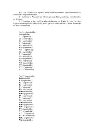 § 4º - Ao Primeiro e ao segundo Vice-Presidente compete, alem das atribuições
contidas no Regimento Interno:
I – Substituir o Presidente da Câmara em suas faltas, ausências, impedimentos
ou licenças;
II – Promulgar e fazer publicar, obrigatoriamente, as Resoluções e os Decretos
Legislativos sempre que o Presidente, ainda que se ache em exercício deixar de fazê-lo
no prazo estabelecido.
Art. 28 – (suprimido):
I - (suprimido):
II - (suprimido):
III - (suprimido):
IV - (suprimido):
V - (suprimido):
VI - (suprimido):
VII - (suprimido):
VIII - (suprimido):
IX - (suprimido):
X - (suprimido):
XI - (suprimido):
XII - (suprimido):
XIII (suprimido):
XIV -(suprimido):
XV - (suprimido):
XVI - (suprimido):
XVII - (suprimido):

Art. 29 -(suprimido):
I - (suprimido):
II - (suprimido):
III - (suprimido):
IV - (suprimido):
V - (suprimido):
VI - (suprimido):
VII - (suprimido):
VIII - (suprimido):
IX - (suprimido):
X - (suprimido):
XI - (suprimido):
XII - (suprimido):
XIII - (suprimido):
XIV - (suprimido):
XV - (suprimido):
XVI - (suprimido):
XVII - (suprimido):
XVIII - (suprimido):
XIX - (suprimido):
XX - (suprimido):

 