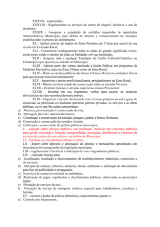 a)
b)
c)
d)
e)

a)
b)
c)
d)
e)
f)

a)

XXXVII – (suprimido);
XXXVIII - Regulamentar os serviços de carros de aluguel, inclusive o uso de
táximetro;
XXXIX - Assegurar a expedição de certidões requeridas às repartições
Administrativas Municipais, para defesa de direitos e esclarecimento de situações
estabelecendo os prazos de atendimento;
XL - Aplicar através de órgãos do Setor Primário até 1%(um por cento) de sua
receita em Extensão Rural;
XLI - Comemorar condignamente todas as datas de grande significado cívico,
assim como exigir o mesmo de todas as Entidades sob sua Jurisdição;
XLII - Amparar toda e qualquer Fundação de Cunho Cultural-Ciêntifico ou
Filantrópico que queiram se instalar no Município;
XLIII - Aplicar parte das verbas destinada à Saúde Pública, em programas de
Medicina Preventiva, tanto na Zona Urbana como na Zona Rural;
XLIV - Dotar as escolas públicas das Zonas Urbana e Rural em condições físicas
para que possam funcionar plenamente;
XLV - Incentivar o ensino profissionalizante, principalmente na Zona Rural;
XLVI - Manter em bom estado de conservação todas as estradas Vicinais;
XLVII - Destinar recursos e atenção especial ao ensino Pré-escolar;
XLVIII - Destinar em seu orçamento, verbas para custeio de despesas
advocatícias de réus reconhecidamente pobres;
XLIX – Organizar e prestar diretamente com recursos próprios ou sob regime de
concessão ou permissão ou mediante parcerias público privadas, os serviços e as obras
públicas, ou os que lhe sejam concorrentes:
Abertura, pavimentação e conservação de vias;
Drenagem pluvial e saneamento básico;
Construção e conservação de estradas, parques, jardins e hortos florestais;
Construção e conservação de estradas vicinais;
Edificação e conservação de prédios públicos municipais;
L – Legislar sobre serviços públicos, sua realização, inclusive por consórcio públicos
para gestão associada e licitação compartilhada, instalação, distribuição e consumo de
serviços de caráter de uso coletivo, no âmbito do Município;
LI – Sinalizar as vias públicas urbanas e rurais;
LII – dispor sobre deposito e destinação de animais e mercadorias apreendidos em
decorrência de transgressões da legislação municipal;
LIII – regulamentar e fiscalizar a utilização de vias e logradouros públicos;
LIV – conceder licença para:
Localização, instalação e funcionamento de estabelecimentos industriais, comerciais e
de serviços;
Afixação de cartazes, letreiros, anúncios, faixas, emblemas e utilização de alto-falantes
para fins de publicidade e propaganda;
Exercício de comercio eventual ou ambulante;
Realização de jogos, espetáculos e divertimentos públicos, observadas as prescrições
legais;
Prestação de serviços de taxi;
Prestação de serviço de transporte coletivo especial para trabalhadores, escolares e
turistas;
LV – exercer o poder de policia urbanística, especialmente quanto a:
Controle dos loteamentos;

 
