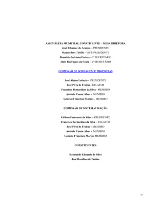 ASSEMBLÉIA MUNICIPAL CONSTITUINTE - MESA DIRETORA
José Ribamar de Araújo— PRESIDENTE
Manuel Ires Teófilo - VICE-PRESIDENTE
Demétrio Salviano Freires – 1º SECRETÁRIO
Aldir Rodrigues da Costa – 2º SECRETÁRIO

COMISSÃO DE SONDAGEM E PROPOSTAS

José Airton Leôncio - PRESIDENTE
José Pires de Freitas - RELATOR
Francisco Bernardino da Silva - MEMBRO
Antônio Cosme Alves - MEMBRO
Genésio Francisco Marcos - MEMBRO

COMISSÃO DE SISTEMATIZAÇÃO

Edilson Fortunato da Silva – PRESIDENTE
Francisco Bernardino da Silva – RELATOR
José Pires de Freitas – MEMBRO
Antônio Cosme Alves - MEMBRO
Genésio Francisco Marcos MEMBRO

CONSTITUINTES

Raimundo Eduardo da Silva
José Brasilino de Freitas

87

 