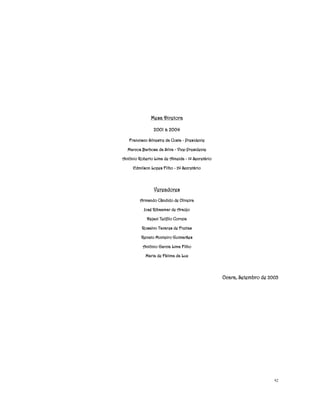 Diretora
Mesa Diretora
2001 a 2004
Francisco Silvestre da Costa - Presidente
ViceMarcos Barbosa da Silva - Vice-Presidente
Antônio Roberto Lima de Almeida - 1º Secretário
Edmilson Lopes Filho - 2º Secretário

Vereadores
Armando Cândido de Oliveira
José Ribaamar de Araújo
Dejaci
Dejaci Teófilo Correia
Rosalvo Tavares de Freitas
Renato Monteiro Guimarães
Antônio Garcia Lima Filho
Maria de Fátima da Luz

Ocara, Setembro de 2003

92

 
