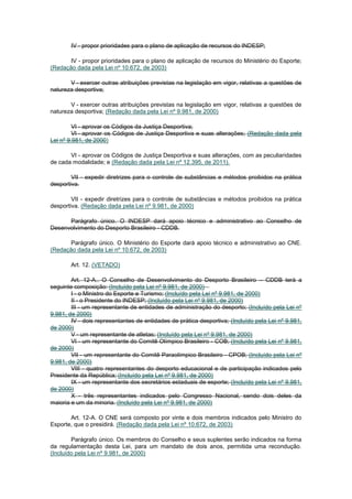 IV - propor prioridades para o plano de aplicação de recursos do INDESP;

       IV - propor prioridades para o plano de aplicação de recursos do Ministério do Esporte;
(Redação dada pela Lei nº 10.672, de 2003)

       V - exercer outras atribuições previstas na legislação em vigor, relativas a questões de
natureza desportiva;

       V - exercer outras atribuições previstas na legislação em vigor, relativas a questões de
natureza desportiva; (Redação dada pela Lei nº 9.981, de 2000)

         VI - aprovar os Códigos da Justiça Desportiva;
         VI - aprovar os Códigos de Justiça Desportiva e suas alterações; (Redação dada pela
Lei nº 9.981, de 2000)

       VI - aprovar os Códigos de Justiça Desportiva e suas alterações, com as peculiaridades
de cada modalidade; e (Redação dada pela Lei nº 12.395, de 2011).

        VII - expedir diretrizes para o controle de substâncias e métodos proibidos na prática
desportiva.

        VII - expedir diretrizes para o controle de substâncias e métodos proibidos na prática
desportiva. (Redação dada pela Lei nº 9.981, de 2000)

      Parágrafo único. O INDESP dará apoio técnico e administrativo ao Conselho de
Desenvolvimento do Desporto Brasileiro - CDDB.

       Parágrafo único. O Ministério do Esporte dará apoio técnico e administrativo ao CNE.
(Redação dada pela Lei nº 10.672, de 2003)

       Art. 12. (VETADO)

        Art. 12-A.. O Conselho de Desenvolvimento do Desporto Brasileiro – CDDB terá a
seguinte composição: (Incluído pela Lei nº 9.981, de 2000)
        I - o Ministro do Esporte e Turismo; (Incluído pela Lei nº 9.981, de 2000)
        II - o Presidente do INDESP; (Incluído pela Lei nº 9.981, de 2000)
        III - um representante de entidades de administração do desporto; (Incluído pela Lei nº
9.981, de 2000)
        IV - dois representantes de entidades de prática desportiva; (Incluído pela Lei nº 9.981,
de 2000)
        V - um representante de atletas; (Incluído pela Lei nº 9.981, de 2000)
        VI - um representante do Comitê Olímpico Brasileiro - COB; (Incluído pela Lei nº 9.981,
de 2000)
        VII - um representante do Comitê Paraolímpico Brasileiro - CPOB; (Incluído pela Lei nº
9.981, de 2000)
        VIII - quatro representantes do desporto educacional e de participação indicados pelo
Presidente da República; (Incluído pela Lei nº 9.981, de 2000)
        IX - um representante dos secretários estaduais de esporte; (Incluído pela Lei nº 9.981,
de 2000)
        X - três representantes indicados pelo Congresso Nacional, sendo dois deles da
maioria e um da minoria. (Incluído pela Lei nº 9.981, de 2000)

       Art. 12-A. O CNE será composto por vinte e dois membros indicados pelo Ministro do
Esporte, que o presidirá. (Redação dada pela Lei nº 10.672, de 2003)

        Parágrafo único. Os membros do Conselho e seus suplentes serão indicados na forma
da regulamentação desta Lei, para um mandato de dois anos, permitida uma recondução.
(Incluído pela Lei nº 9.981, de 2000)
 