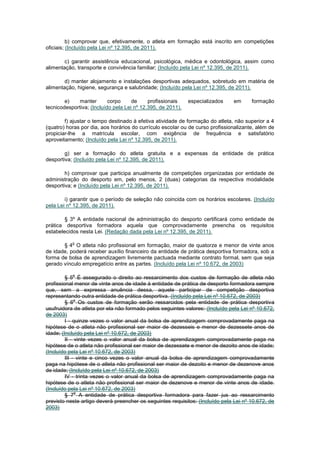 b) comprovar que, efetivamente, o atleta em formação está inscrito em competições
oficiais; (Incluído pela Lei nº 12.395, de 2011).

        c) garantir assistência educacional, psicológica, médica e odontológica, assim como
alimentação, transporte e convivência familiar; (Incluído pela Lei nº 12.395, de 2011).

        d) manter alojamento e instalações desportivas adequados, sobretudo em matéria de
alimentação, higiene, segurança e salubridade; (Incluído pela Lei nº 12.395, de 2011).

        e)   manter        corpo     de     profissionais    especializados    em      formação
tecnicodesportiva; (Incluído pela Lei nº 12.395, de 2011).

        f) ajustar o tempo destinado à efetiva atividade de formação do atleta, não superior a 4
(quatro) horas por dia, aos horários do currículo escolar ou de curso profissionalizante, além de
propiciar-lhe a matrícula escolar, com exigência de frequência e satisfatório
aproveitamento; (Incluído pela Lei nº 12.395, de 2011).

        g) ser a formação do atleta gratuita e a expensas da entidade de prática
desportiva; (Incluído pela Lei nº 12.395, de 2011).

        h) comprovar que participa anualmente de competições organizadas por entidade de
administração do desporto em, pelo menos, 2 (duas) categorias da respectiva modalidade
desportiva; e (Incluído pela Lei nº 12.395, de 2011).

        i) garantir que o período de seleção não coincida com os horários escolares. (Incluído
pela Lei nº 12.395, de 2011).

        § 3º A entidade nacional de administração do desporto certificará como entidade de
prática desportiva formadora aquela que comprovadamente preencha os requisitos
estabelecidos nesta Lei. (Redação dada pela Lei nº 12.395, de 2011).

           o
       § 4 O atleta não profissional em formação, maior de quatorze e menor de vinte anos
de idade, poderá receber auxílio financeiro da entidade de prática desportiva formadora, sob a
forma de bolsa de aprendizagem livremente pactuada mediante contrato formal, sem que seja
gerado vínculo empregatício entre as partes. (Incluído pela Lei nº 10.672, de 2003)

           o
         § 5 É assegurado o direito ao ressarcimento dos custos de formação de atleta não
profissional menor de vinte anos de idade à entidade de prática de desporto formadora sempre
que, sem a expressa anuência dessa, aquele participar de competição desportiva
representando outra entidade de prática desportiva. (Incluído pela Lei nº 10.672, de 2003)
              o
         § 6 Os custos de formação serão ressarcidos pela entidade de prática desportiva
usufruidora de atleta por ela não formado pelos seguintes valores: (Incluído pela Lei nº 10.672,
de 2003)
         I - quinze vezes o valor anual da bolsa de aprendizagem comprovadamente paga na
hipótese de o atleta não profissional ser maior de dezesseis e menor de dezessete anos de
idade; (Incluído pela Lei nº 10.672, de 2003)
         II - vinte vezes o valor anual da bolsa de aprendizagem comprovadamente paga na
hipótese de o atleta não profissional ser maior de dezessete e menor de dezoito anos de idade;
(Incluído pela Lei nº 10.672, de 2003)
         III - vinte e cinco vezes o valor anual da bolsa de aprendizagem comprovadamente
paga na hipótese de o atleta não profissional ser maior de dezoito e menor de dezenove anos
de idade; (Incluído pela Lei nº 10.672, de 2003)
         IV - trinta vezes o valor anual da bolsa de aprendizagem comprovadamente paga na
hipótese de o atleta não profissional ser maior de dezenove e menor de vinte anos de idade.
(Incluído pela Lei nº 10.672, de 2003)
              o
         § 7 A entidade de prática desportiva formadora para fazer jus ao ressarcimento
previsto neste artigo deverá preencher os seguintes requisitos: (Incluído pela Lei nº 10.672, de
2003)
 