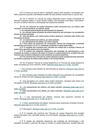 o
         § 4 O recurso ao qual se refere o parágrafo anterior será recebido e processado com
efeito suspensivo quando a penalidade exceder de duas partidas consecutivas ou quinze dias.

        Art. 54. O membro do Tribunal de Justiça Desportiva exerce função considerada de
relevante interesse público e, sendo servidor público, terá abonadas suas faltas, computando-
se como de efetivo exercício a participação nas respectivas sessões.

         Art. 55. Os Tribunais de Justiça Desportiva serão compostos por, no mínimo, sete
membros, ou onze membros, no máximo, sendo:
         I - um indicado pela entidade de administração do desporto;
         II - um indicado pelas entidades de prática desportiva que participem de competições
oficiais da divisão principal;
         III - três advogados com notório saber jurídico desportivo, indicados pela Ordem dos
Advogados do Brasil;
         IV - um representante dos árbitros, por estes indicado;
         V - um representante dos atletas, por estes indicado.
              o
         § 1 Para efeito de acréscimo de composição, deverá ser assegurada a paridade
apresentada nos incisos I, II, IV e V, respeitado o disposto no caput deste artigo.
              o
         § 2 O mandato dos membros dos Tribunais de Justiça terá a duração máxima de
quatro anos, permitida apenas uma recondução.
              o
         § 3 É vedado aos dirigentes desportivos das entidades de administração e das
entidades de prática o exercício de cargo ou função na Justiça Desportiva, exceção feita aos
membros dos conselhos deliberativos das entidades de prática desportiva.
             o
         § 4 Os membros dos Tribunais de Justiça desportiva serão obrigatoriamente bacharéis
em Direito ou pessoas de notório saber jurídico, e de conduta ilibada.

       Art. 55. O Superior Tribunal de Justiça Desportiva e os Tribunais de Justiça Desportiva
serão compostos por nove membros, sendo: (Redação dada pela Lei nº 9.981, de 2000)

        I - dois indicados pela entidade de administração do desporto; (Redação dada pela Lei
nº 9.981, de 2000)

         II - dois indicados pelas entidades de prática desportiva que participem de competições
oficiais da divisão principal; (Redação dada pela Lei nº 9.981, de 2000)

      III - dois advogados com notório saber jurídico desportivo, indicados pela Ordem dos
Advogados do Brasil; (Redação dada pela Lei nº 9.981, de 2000)

        IV - um representante dos árbitros, por estes indicado; (Redação dada pela Lei nº
9.981, de 2000)
        V - dois representantes dos atletas, por estes indicados. (Redação dada pela Lei nº
9.981, de 2000)

        IV - 1 (um) representante dos árbitros, indicado pela respectiva entidade de
classe; (Redação dada pela Lei nº 12.395, de 2011).

       V - 2 (dois) representantes dos atletas, indicados pelas respectivas entidades sindicais.
(Redação dada pela Lei nº 12.395, de 2011).

           o
       § 1 (Revogado). (Redação dada pela Lei nº 9.981, de 2000)

           o
       § 2 O mandato dos membros dos Tribunais de Justiça Desportiva terá duração
máxima de quatro anos, permitida apenas uma recondução. (Redação dada pela Lei nº 9.981,
de 2000)

           o
       § 3 É vedado aos dirigentes desportivos das entidades de administração e das
entidades de prática o exercício de cargo ou função na Justiça Desportiva, exceção feita aos
 