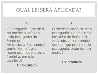 QUAL LEI SERÁ APLICADA?

           1                          2
O Paraguaio Juan atira    O brasileiro João atira no
no brasileiro João no     paraguaio Juan no lado
lado paraguaio da         brasileiro da Ponte da
Ponte da                  Amizade, Juan, cambal
Amizade, João, cambal     eando foge para o lado
eante, tenta fugir e      paraguaio, onde tomba
morre assim que cruza a   morto?
fronteira, em solo
brasileiro?                     CP brasileiro
       CP brasileiro
 