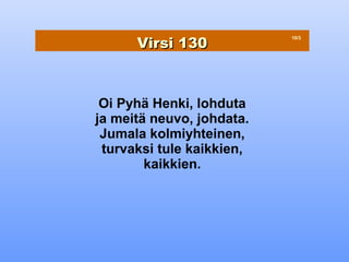 Virsi 130
                           10/3




 Oi Pyhä Henki, lohduta
ja meitä neuvo, johdata.
 Jumala kolmiyhteinen,
 turvaksi tule kaikkien,
        kaikkien.
 